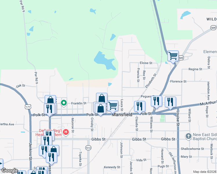 map of restaurants, bars, coffee shops, grocery stores, and more near 498 Myra Street in Mansfield