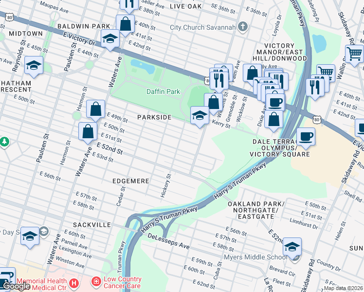 map of restaurants, bars, coffee shops, grocery stores, and more near 1511 East 49th Street in Savannah