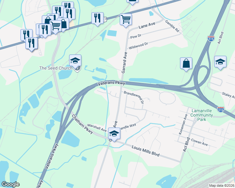 map of restaurants, bars, coffee shops, grocery stores, and more near 7 Amelia Court in Savannah