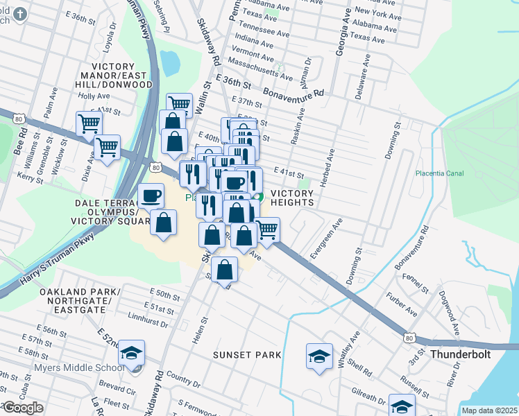 map of restaurants, bars, coffee shops, grocery stores, and more near 2126 East Victory Drive in Savannah