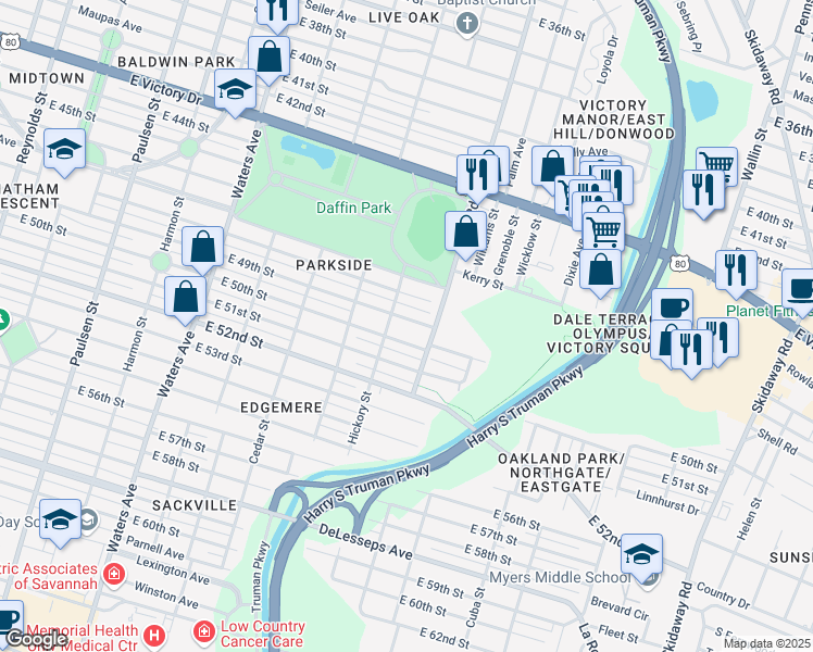 map of restaurants, bars, coffee shops, grocery stores, and more near 1511 East 49th Street in Savannah