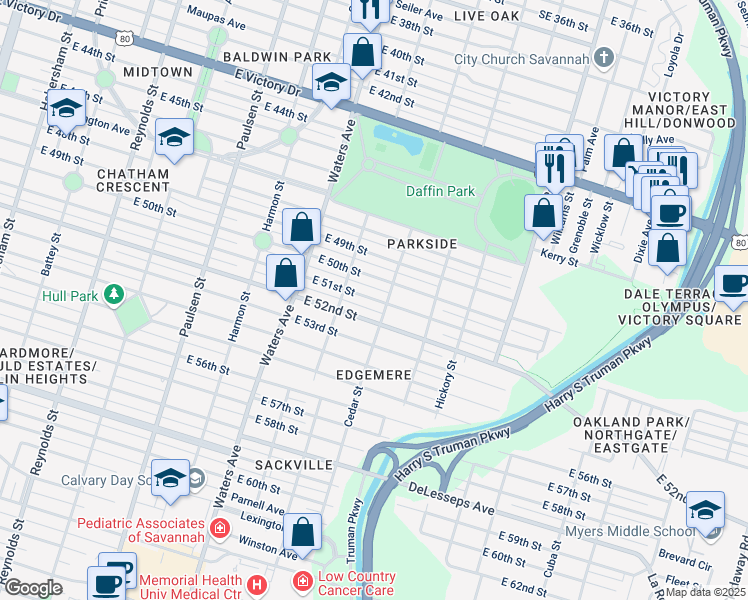 map of restaurants, bars, coffee shops, grocery stores, and more near 1234 East 51st Street in Savannah
