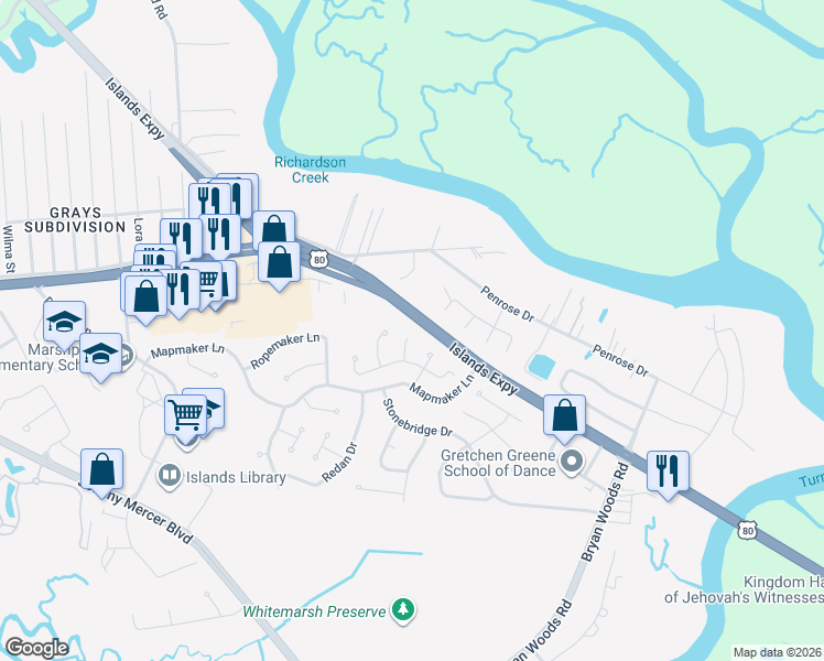 map of restaurants, bars, coffee shops, grocery stores, and more near 112 Dry Dock Court in Savannah
