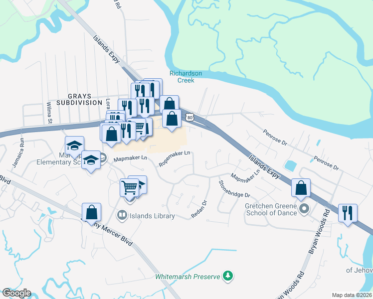 map of restaurants, bars, coffee shops, grocery stores, and more near 132 Ropemaker Lane in Savannah