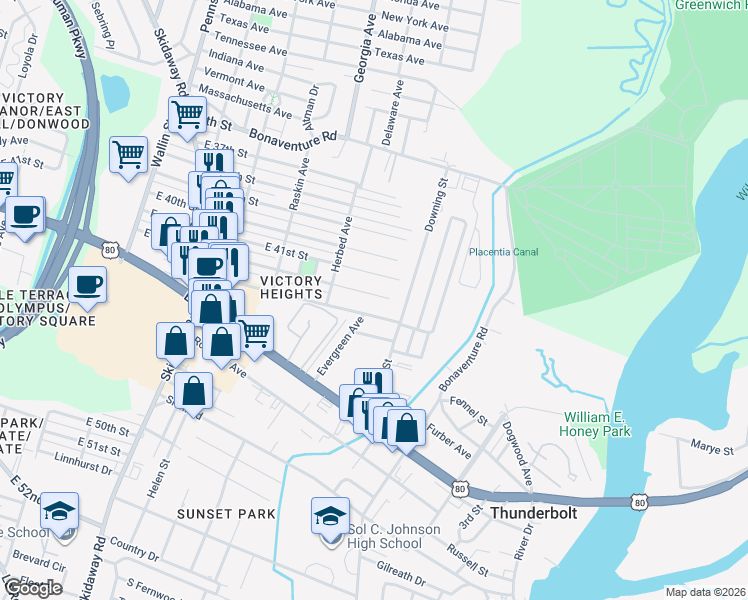 map of restaurants, bars, coffee shops, grocery stores, and more near 2315 East 42nd Street in Savannah