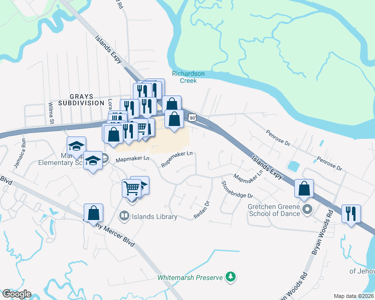 map of restaurants, bars, coffee shops, grocery stores, and more near 132 Ropemaker Lane in Savannah
