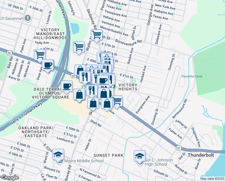map of restaurants, bars, coffee shops, grocery stores, and more near 2126 East Victory Drive in Savannah