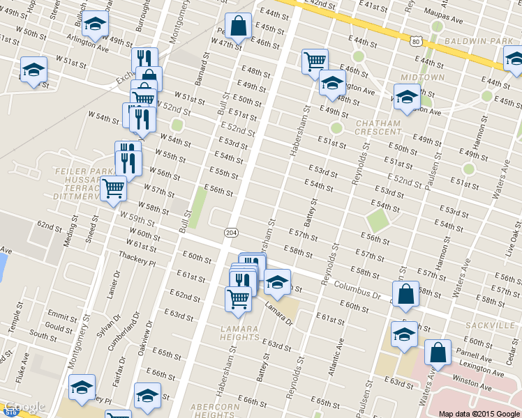 map of restaurants, bars, coffee shops, grocery stores, and more near 117 East 56th Street in Savannah