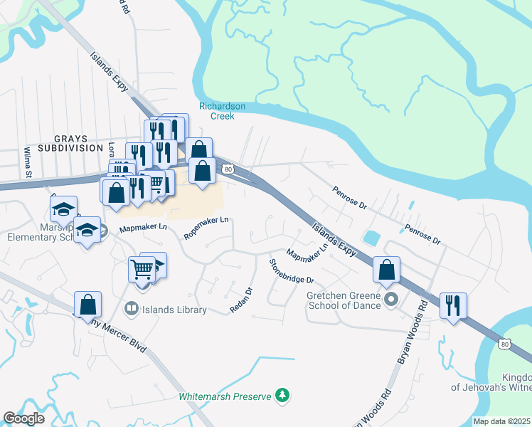 map of restaurants, bars, coffee shops, grocery stores, and more near 115 Binnacle Court in Savannah