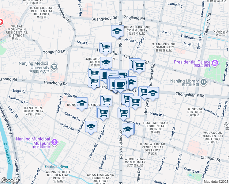 map of restaurants, bars, coffee shops, grocery stores, and more near Guan Jia Qiao in Nan Jing Shi
