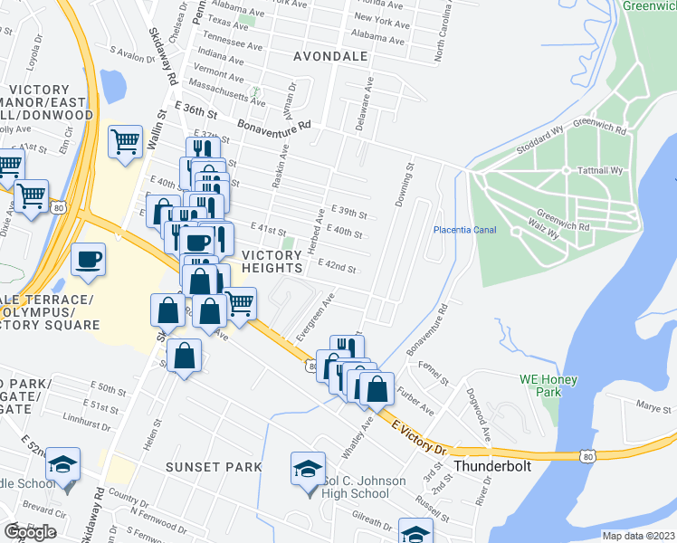 map of restaurants, bars, coffee shops, grocery stores, and more near 2315 East 42nd Street in Savannah