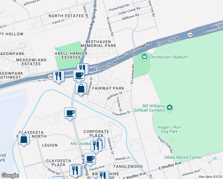 map of restaurants, bars, coffee shops, grocery stores, and more near 4411 Trevino Street in Midland