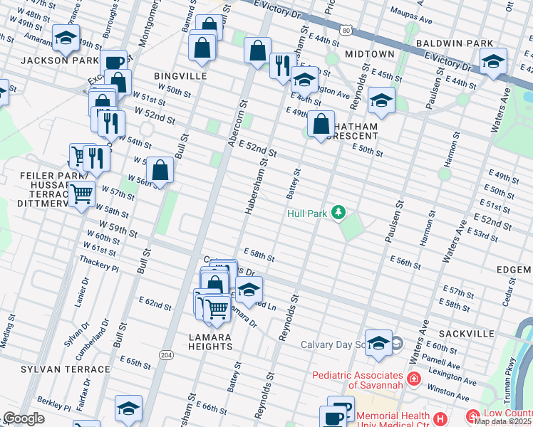 map of restaurants, bars, coffee shops, grocery stores, and more near 204 East 56th Street in Savannah