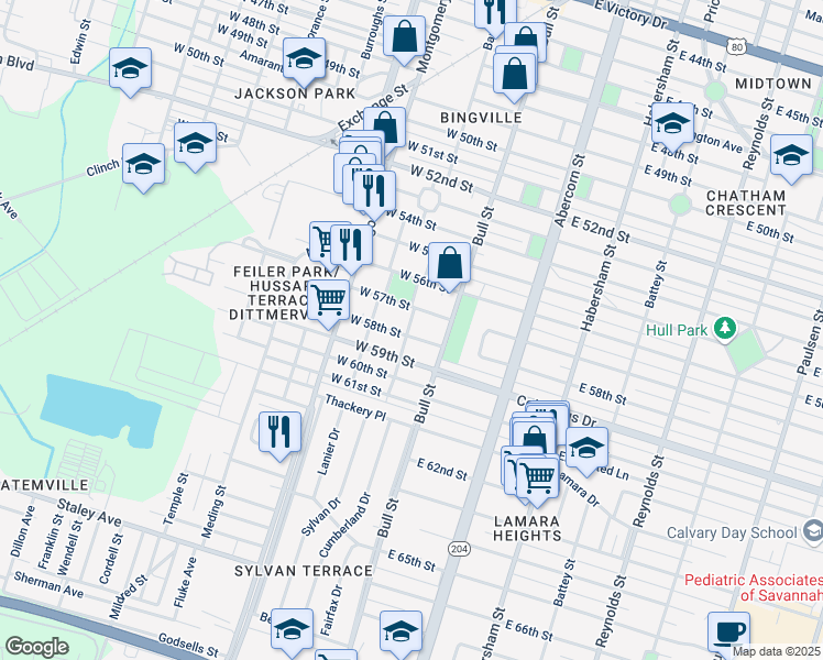 map of restaurants, bars, coffee shops, grocery stores, and more near 22 West 58th Street in Savannah