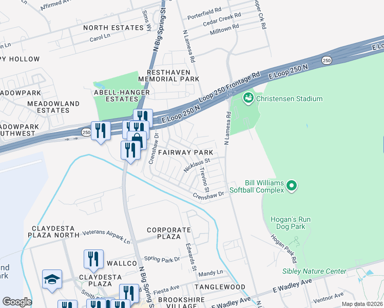 map of restaurants, bars, coffee shops, grocery stores, and more near 4411 Trevino Street in Midland