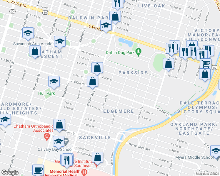 map of restaurants, bars, coffee shops, grocery stores, and more near 1201 East 51st Street in Savannah