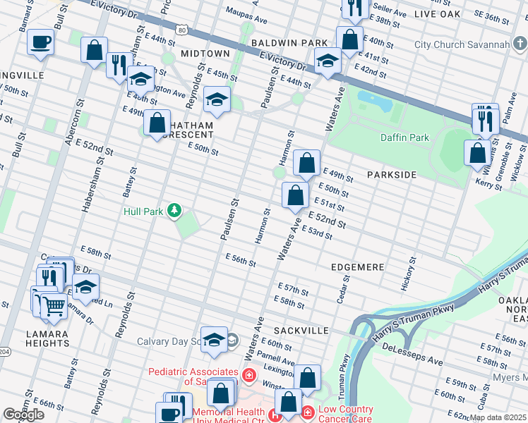map of restaurants, bars, coffee shops, grocery stores, and more near 626 East 53rd Street in Savannah