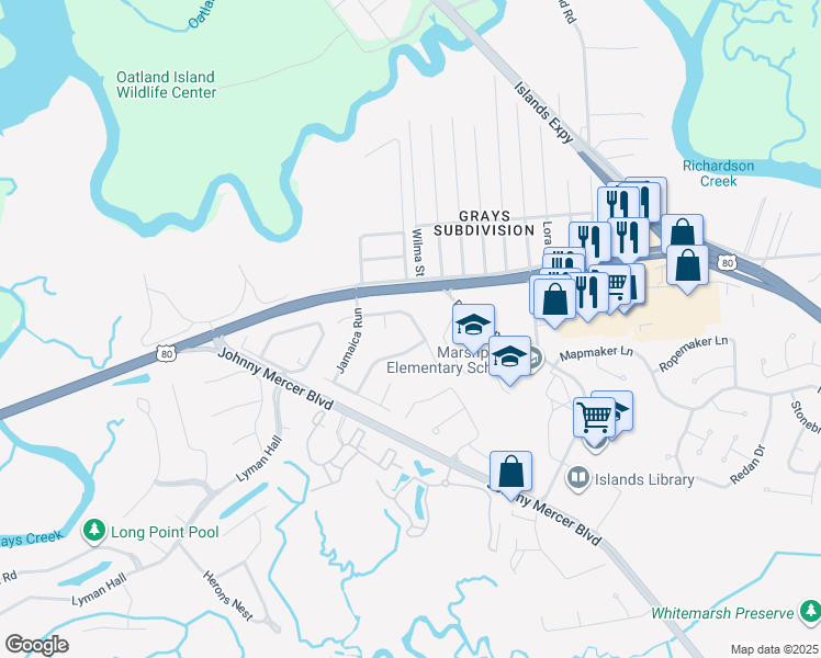 map of restaurants, bars, coffee shops, grocery stores, and more near 111 Blue Marlin Drive in Savannah