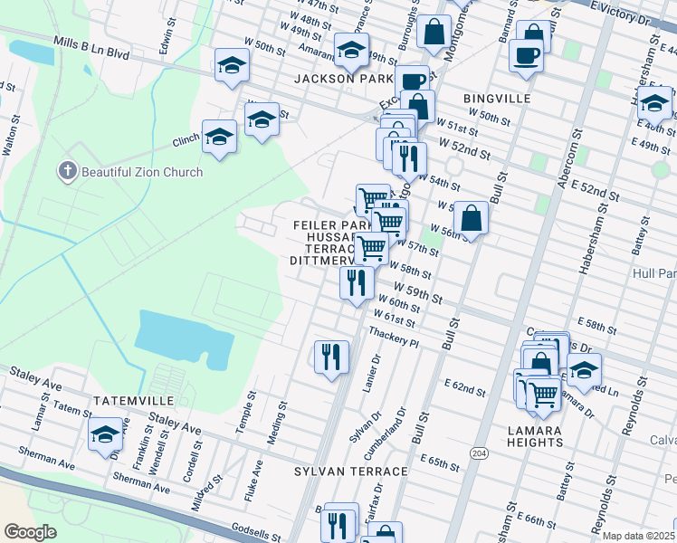 map of restaurants, bars, coffee shops, grocery stores, and more near 511 West 59th Street in Savannah