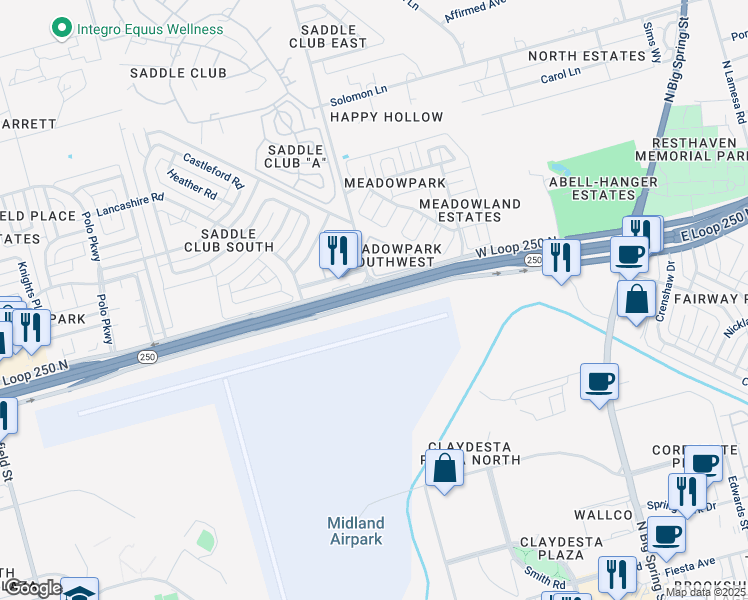 map of restaurants, bars, coffee shops, grocery stores, and more near State Highway 250 Loop Frontage Road & North A Street in Midland