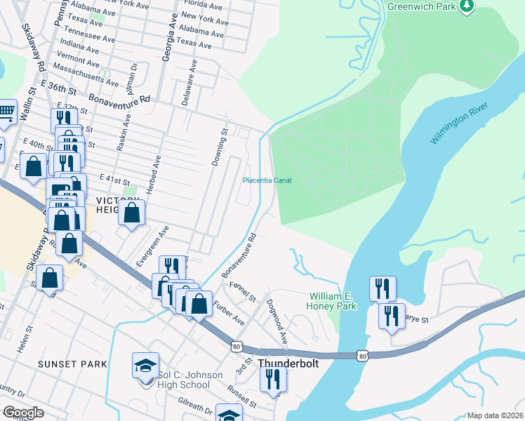 map of restaurants, bars, coffee shops, grocery stores, and more near 218a Bonaventure Road in Thunderbolt