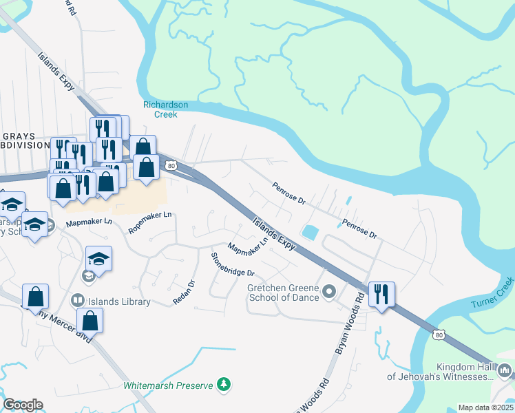 map of restaurants, bars, coffee shops, grocery stores, and more near 5 Pompano Cove in Savannah