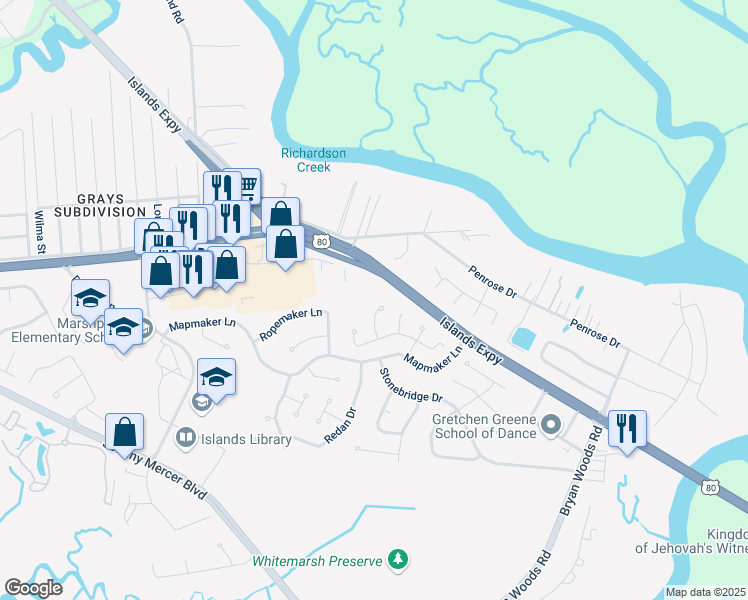 map of restaurants, bars, coffee shops, grocery stores, and more near 115 Binnacle Court in Savannah