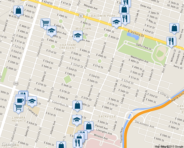 map of restaurants, bars, coffee shops, grocery stores, and more near 626 East 53rd Street in Savannah