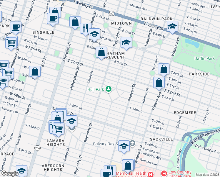 map of restaurants, bars, coffee shops, grocery stores, and more near 409 East 54th Street in Savannah