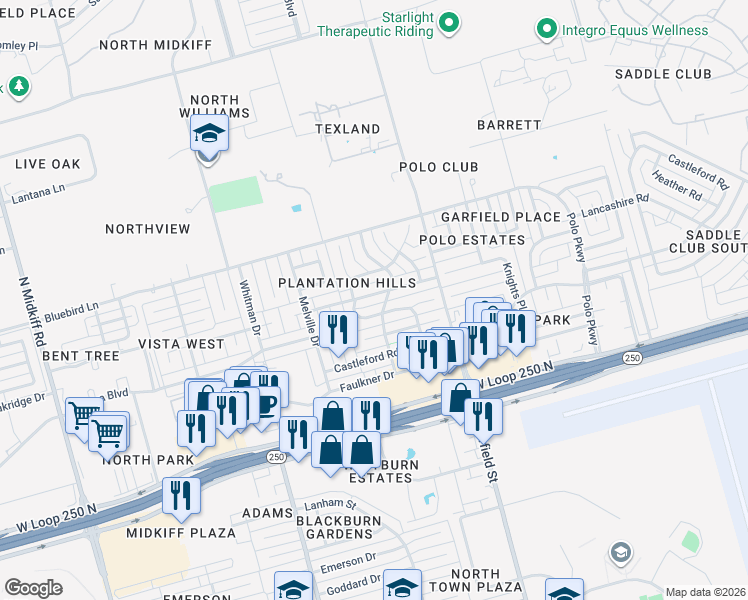 map of restaurants, bars, coffee shops, grocery stores, and more near 2503 Keswick Road in Midland