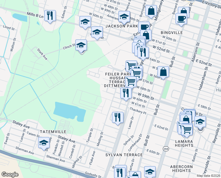 map of restaurants, bars, coffee shops, grocery stores, and more near 607 West 60th Street in Savannah