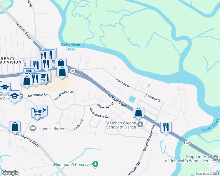 map of restaurants, bars, coffee shops, grocery stores, and more near 5 Pompano Cove in Savannah