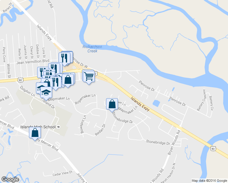 map of restaurants, bars, coffee shops, grocery stores, and more near 118 Binnacle Court in Savannah