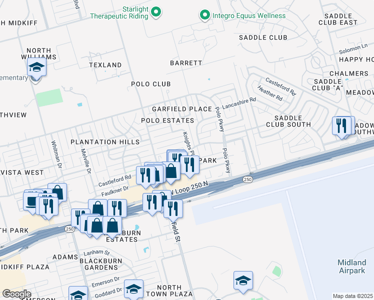 map of restaurants, bars, coffee shops, grocery stores, and more near 4801 Knights Place in Midland