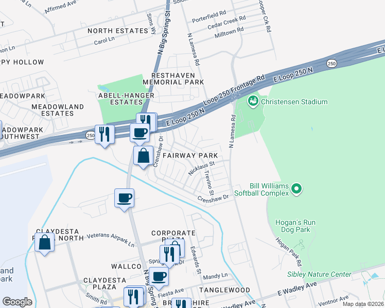 map of restaurants, bars, coffee shops, grocery stores, and more near 4411 Trevino Street in Midland