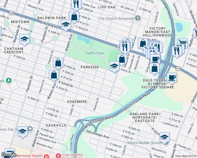 map of restaurants, bars, coffee shops, grocery stores, and more near 1409 East 49th Street in Savannah