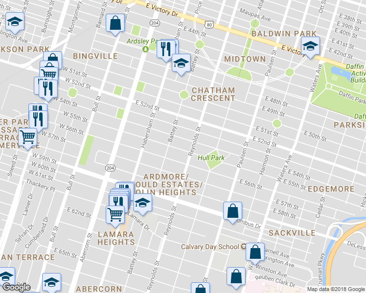 map of restaurants, bars, coffee shops, grocery stores, and more near 318 East 55th Street in Savannah