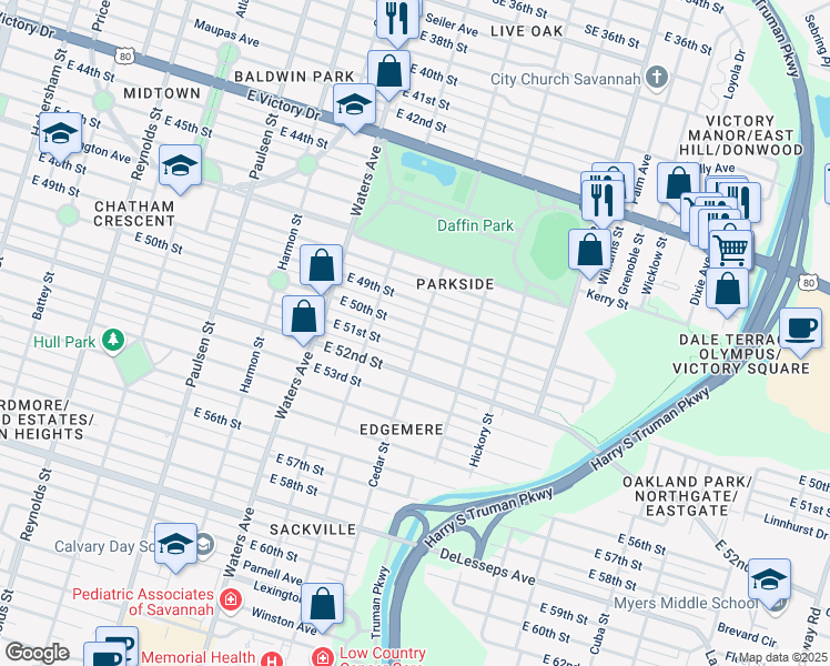 map of restaurants, bars, coffee shops, grocery stores, and more near 1234 East 51st Street in Savannah