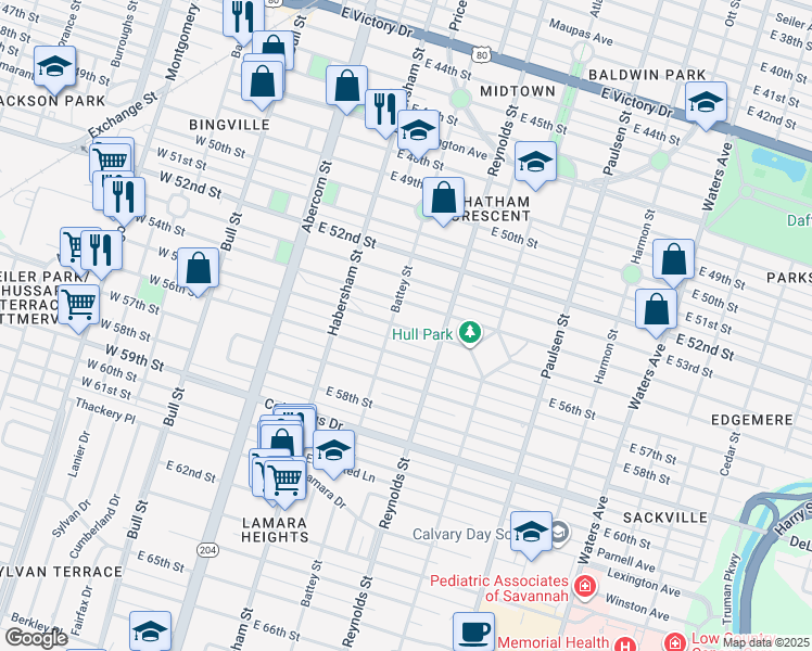 map of restaurants, bars, coffee shops, grocery stores, and more near 318 East 55th Street in Savannah
