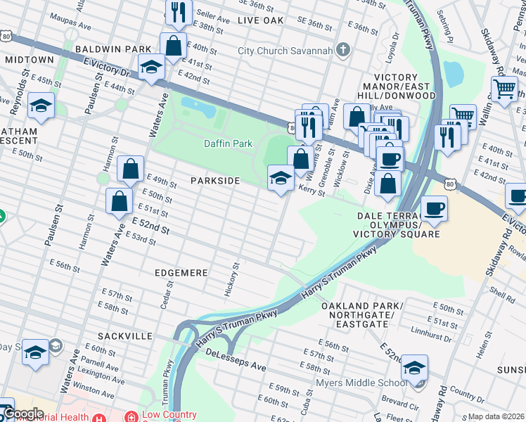 map of restaurants, bars, coffee shops, grocery stores, and more near 1511 East 49th Street in Savannah