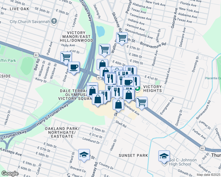 map of restaurants, bars, coffee shops, grocery stores, and more near 2003 East Victory Drive in Savannah