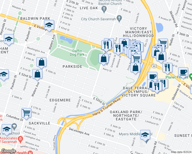 map of restaurants, bars, coffee shops, grocery stores, and more near 3222 Bee Road in Savannah