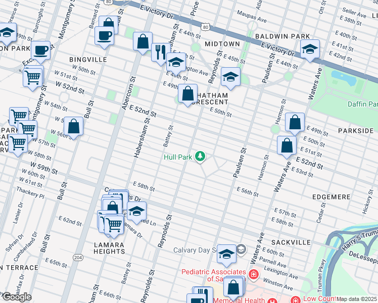 map of restaurants, bars, coffee shops, grocery stores, and more near Reynolds Street in Savannah