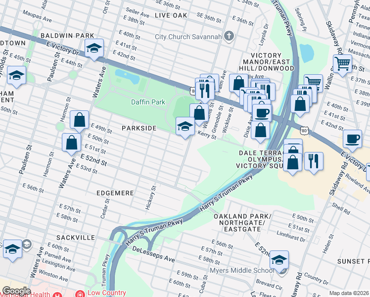 map of restaurants, bars, coffee shops, grocery stores, and more near 3212 Bee Road in Savannah