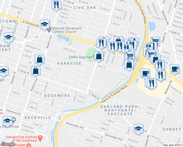 map of restaurants, bars, coffee shops, grocery stores, and more near 3212 Bee Road in Savannah