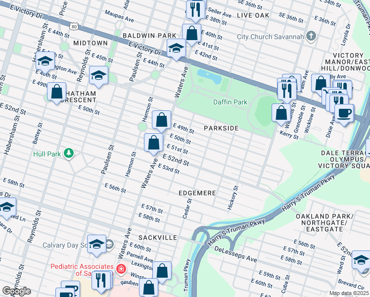 map of restaurants, bars, coffee shops, grocery stores, and more near 1201 East 51st Street in Savannah