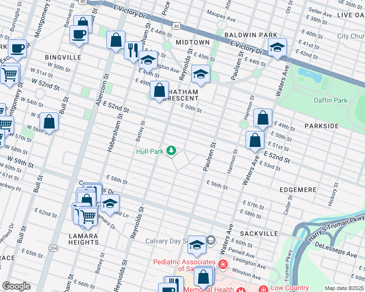 map of restaurants, bars, coffee shops, grocery stores, and more near in Savannah