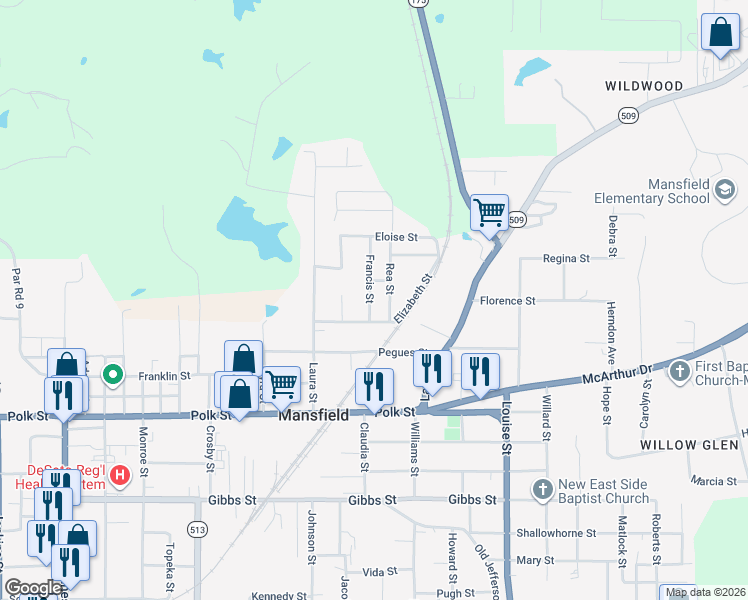 map of restaurants, bars, coffee shops, grocery stores, and more near 412 Francis Street in Mansfield