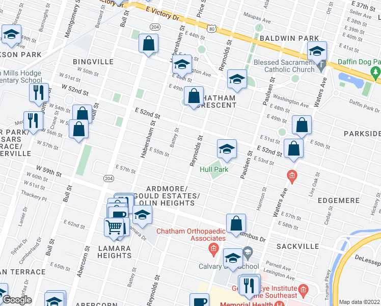 map of restaurants, bars, coffee shops, grocery stores, and more near 318 East 55th Street in Savannah