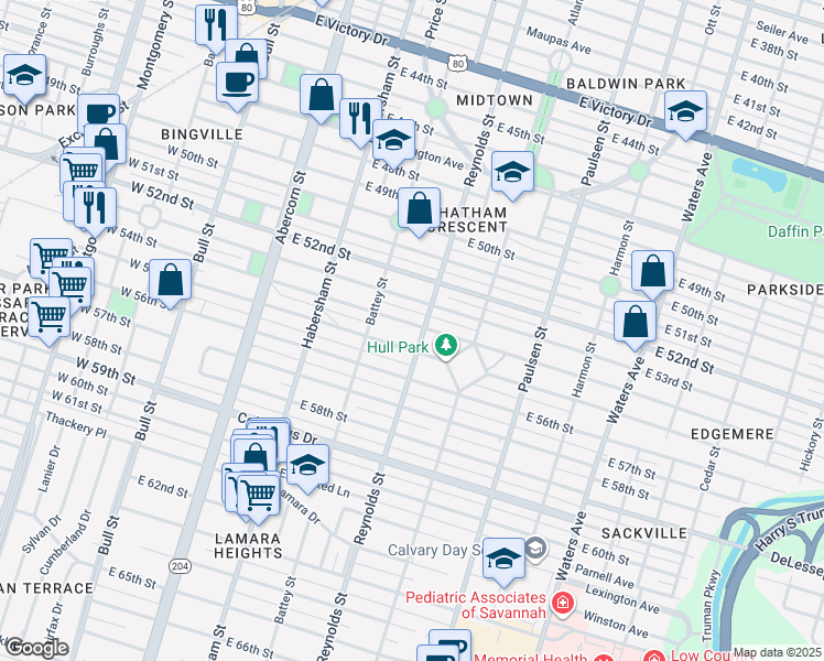 map of restaurants, bars, coffee shops, grocery stores, and more near 318 East 55th Street in Savannah